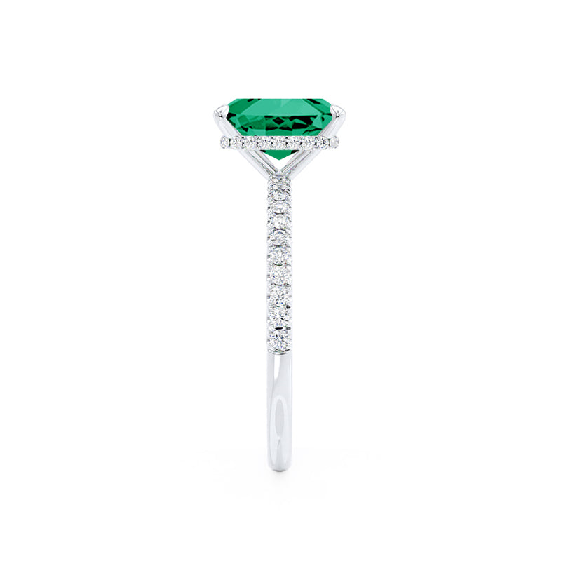 LIVELY - Radiant Emerald & Diamond 18k White Gold Petite Hidden Halo Pavé Shoulder Set Ring Engagement Ring Lily Arkwright
