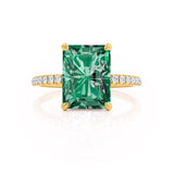 LIVELY - Radiant Emerald & Diamond 18k Yellow Gold Petite Hidden Halo Pavé Shoulder Set Ring Engagement Ring Lily Arkwright