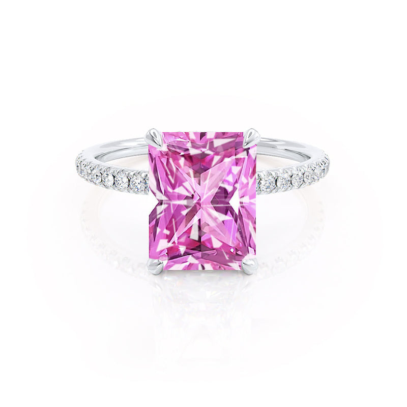 LIVELY - Radiant Pink Sapphire & Diamond 18k White Gold Petite Hidden Halo Pavé Shoulder Set Ring Engagement Ring Lily Arkwright