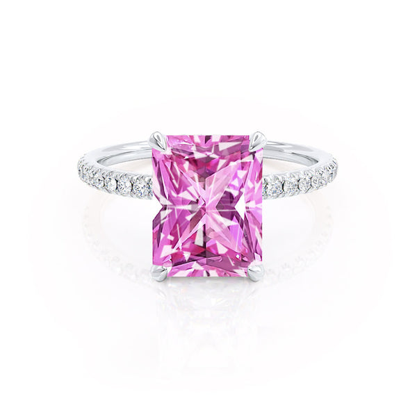 LIVELY - Radiant Pink Sapphire & Diamond 18k Rose Gold Petite Hidden Halo Pavé Shoulder Set Ring Engagement Ring Lily Arkwright