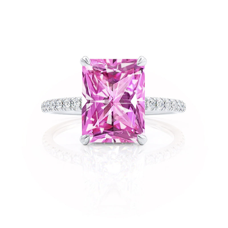 LIVELY - Radiant Pink Sapphire & Diamond 18k Rose Gold Petite Hidden Halo Pavé Shoulder Set Ring Engagement Ring Lily Arkwright