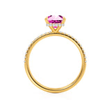 LIVELY - Radiant Pink Sapphire & Diamond 18k Yellow Gold Petite Hidden Halo Pavé Shoulder Set Ring Engagement Ring Lily Arkwright