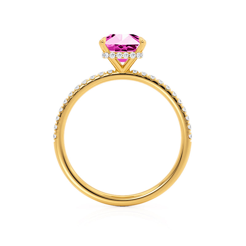 LIVELY - Radiant Pink Sapphire & Diamond 18k Yellow Gold Petite Hidden Halo Pavé Shoulder Set Ring Engagement Ring Lily Arkwright