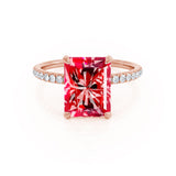 LIVELY - Chatham® Radiant Ruby & Diamond 18k Rose Gold Petite Hidden Halo Pavé Shoulder Set Ring
