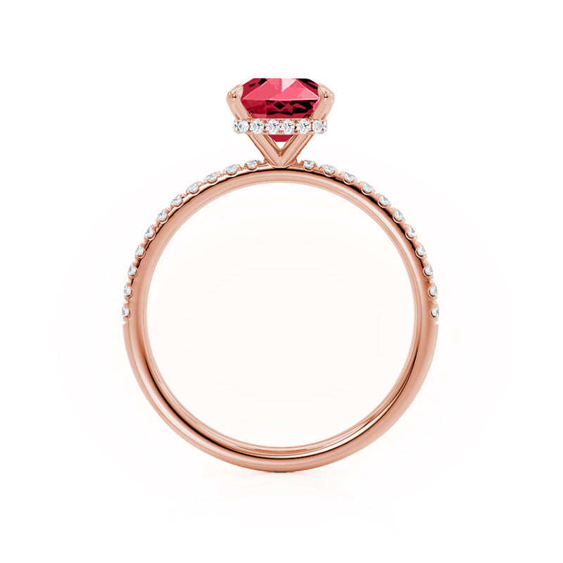LIVELY - Radiant Ruby & Diamond 18k Rose Gold Petite Hidden Halo Pavé Shoulder Set Ring Engagement Ring Lily Arkwright