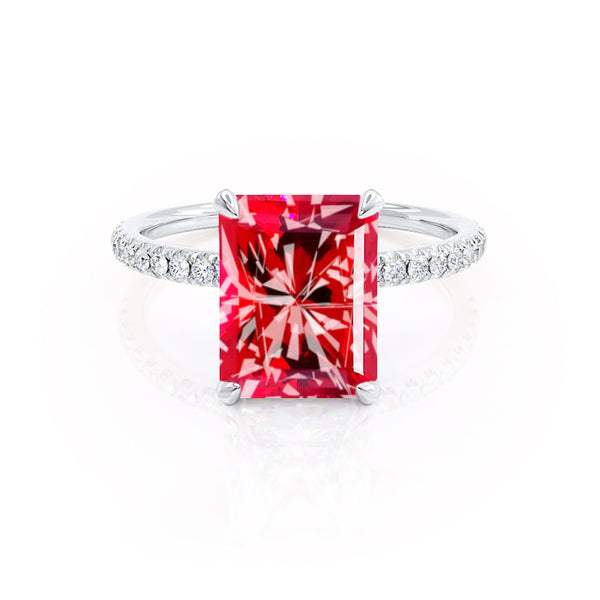 LIVELY - Radiant Ruby & Diamond 18k White Gold Petite Hidden Halo Pavé Shoulder Set Ring