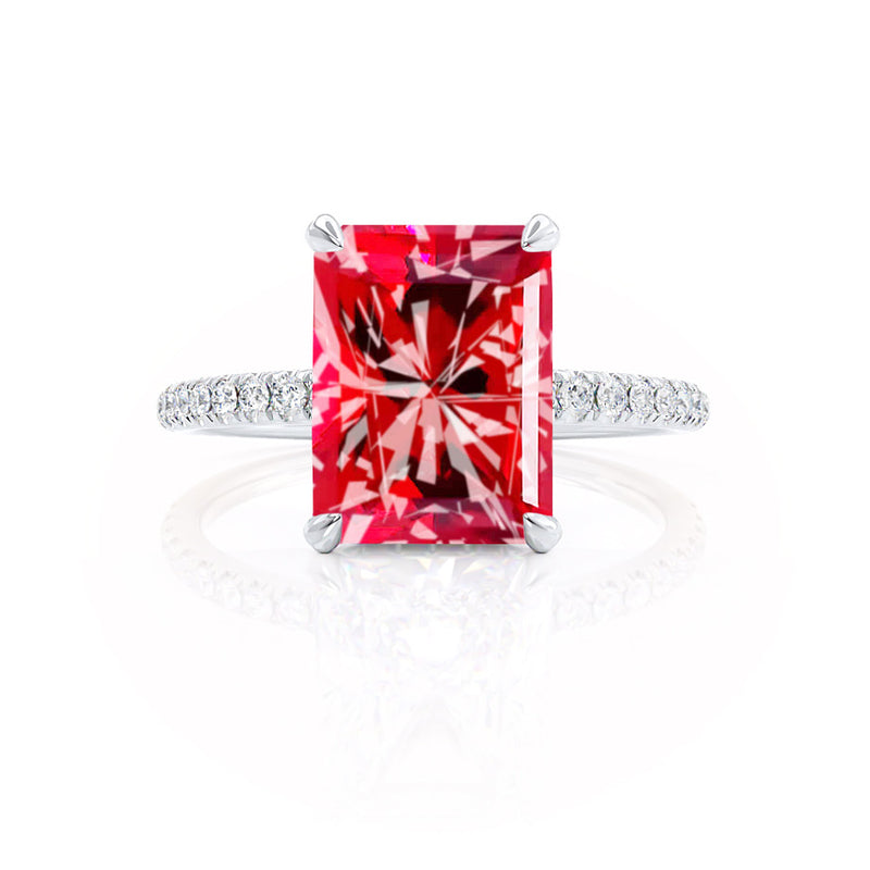LIVELY - Radiant Ruby & Diamond Platinum Petite Hidden Halo Pavé Shoulder Set Ring Engagement Ring Lily Arkwright