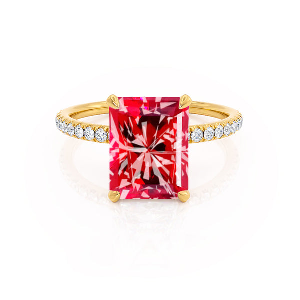 LIVELY - Radiant Ruby & Diamond 18k Yellow Gold Petite Hidden Halo Pavé Shoulder Set Ring Engagement Ring Lily Arkwright