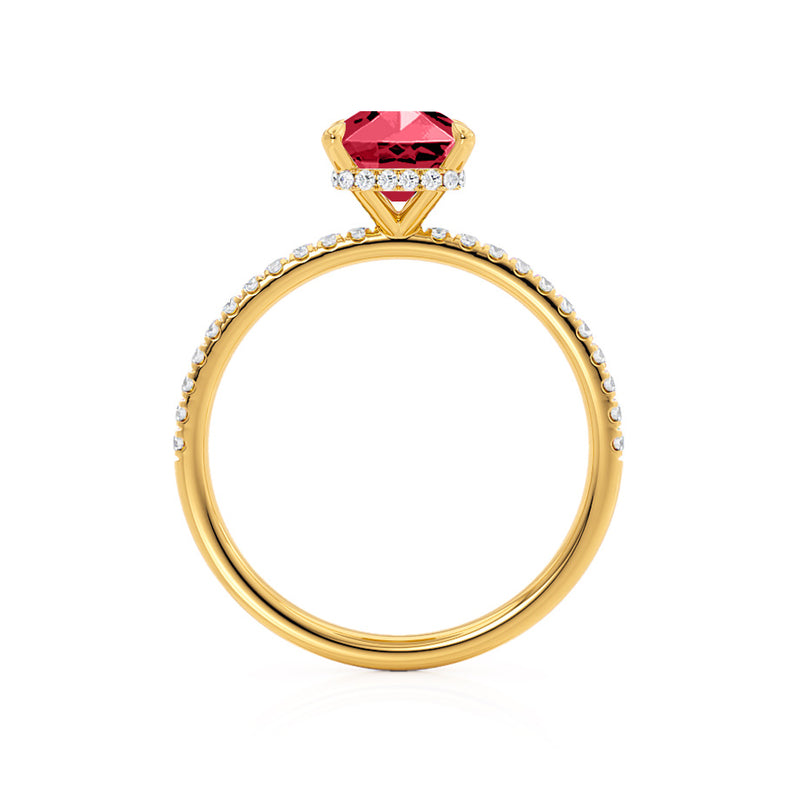 LIVELY - Radiant Ruby & Diamond 18k Yellow Gold Petite Hidden Halo Pavé Shoulder Set Ring Engagement Ring Lily Arkwright