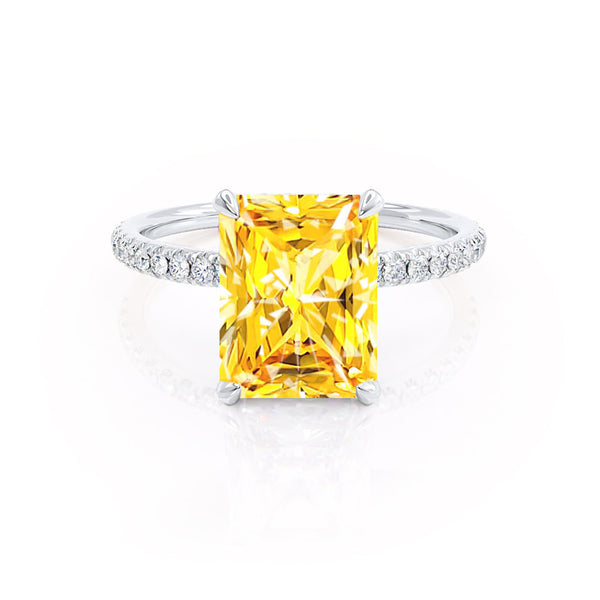 LIVELY - Radiant Yellow Sapphire & Diamond Platinum Petite Hidden Halo Pavé Shoulder Set Ring Engagement Ring Lily Arkwright