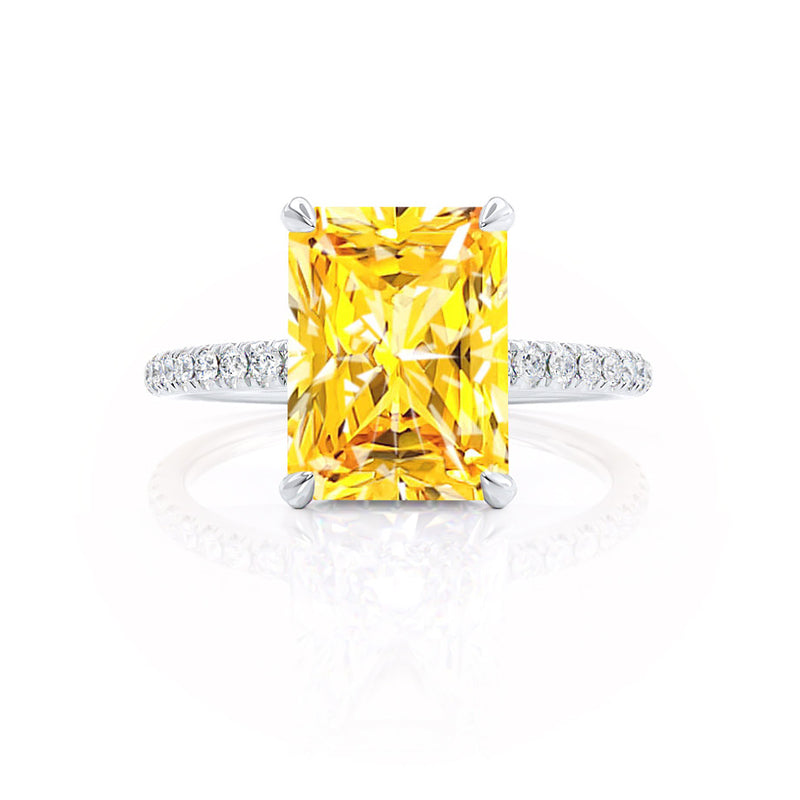 LIVELY - Radiant Yellow Sapphire & Diamond 18k White Gold Petite Hidden Halo Pavé Shoulder Set Ring Engagement Ring Lily Arkwright