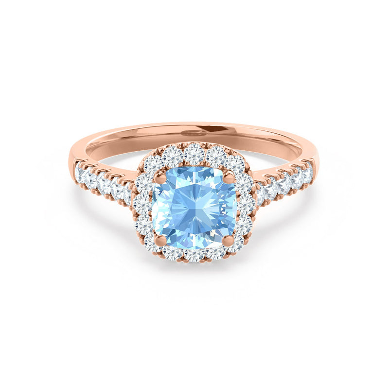 OPHELIA - Lab Grown Aqua Spinel & Diamond 18K Rose Gold Halo Engagement Ring Lily Arkwright