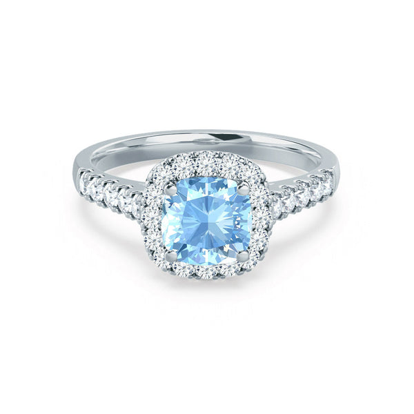 OPHELIA - Lab Grown Aqua Spinel & Diamond Platinum Halo Engagement Ring Lily Arkwright