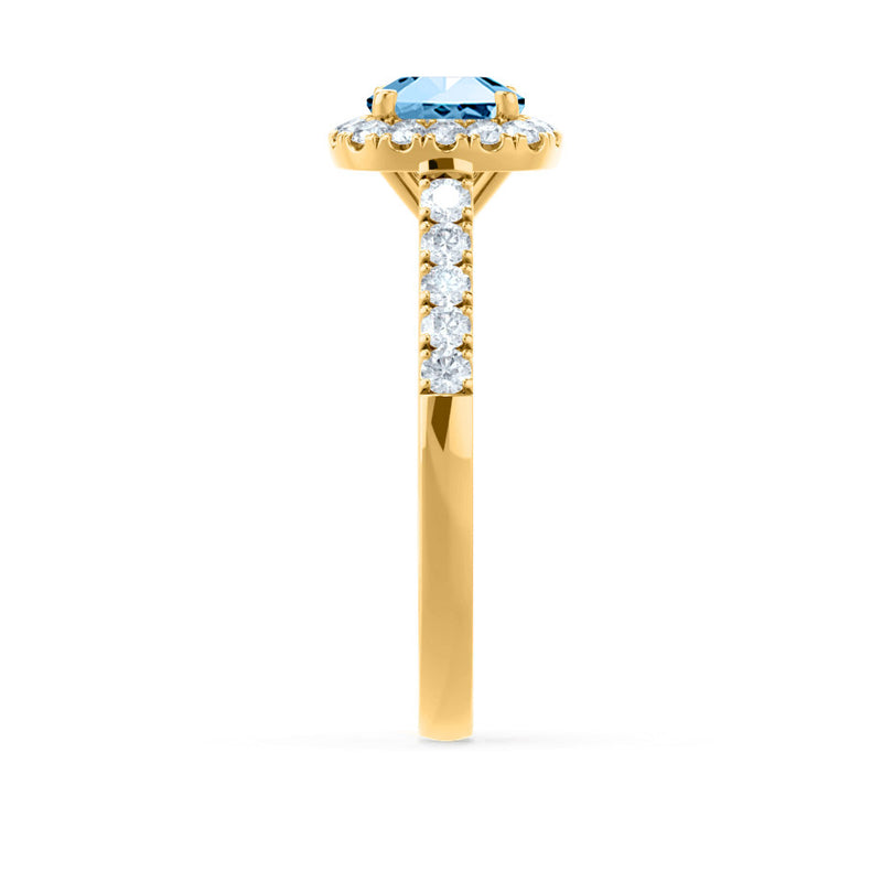 OPHELIA - Lab Grown Aqua Spinel & Diamond 18K Yellow Gold Halo Engagement Ring Lily Arkwright