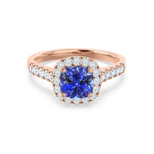 OPHELIA - Lab Grown Blue Sapphire & Diamond 18K Rose Gold Halo Engagement Ring Lily Arkwright