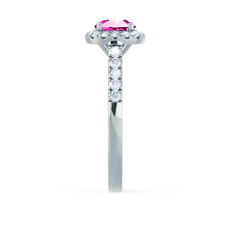 OPHELIA - Lab Grown Pink Sapphire & Diamond Platinum Halo Engagement Ring Lily Arkwright