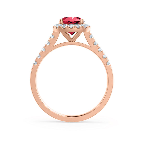 OPHELIA - Lab Grown Red Ruby & Diamond 18K Rose Gold Halo Ring Engagement Ring Lily Arkwright
