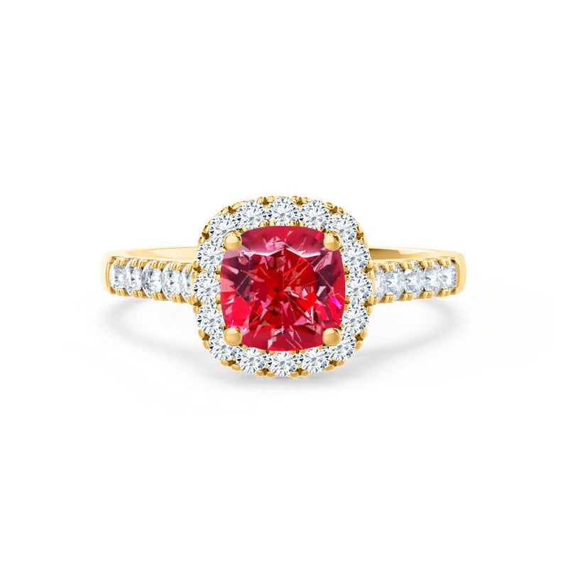 OPHELIA - Lab Grown Red Ruby & Diamond 18K Yellow Gold Halo Ring Engagement Ring Lily Arkwright
