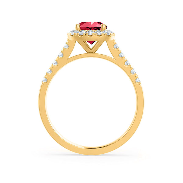 OPHELIA - Lab Grown Red Ruby & Diamond 18K Yellow Gold Halo Ring Engagement Ring Lily Arkwright