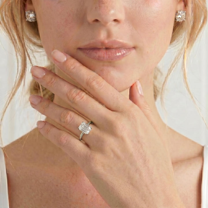 Paris emerald lab diamond hidden halo 18k white gold platinum engagement ring