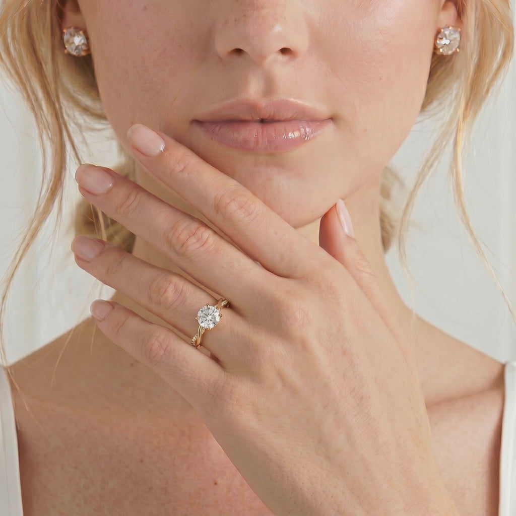 Eden shoulder set solitaire round lab diamond shoulder twist set 18k yellow gold engagement ring