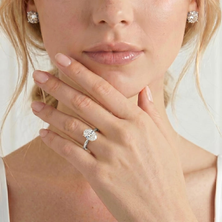 Isabella solitaire oval lab diamond cathedral setting set 18k white gold platinum engagement ring