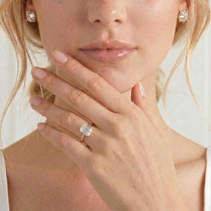 Paris emerald lab diamond hidden halo 18k rose gold engagement ring
