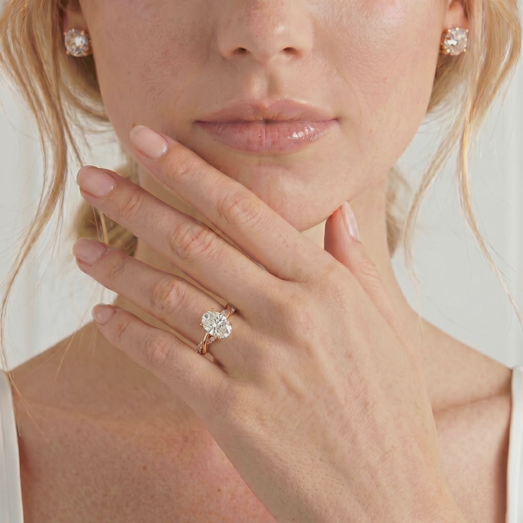 Eden shoulder set solitaire oval lab diamond shoulder twist set 18k rose gold engagement ring