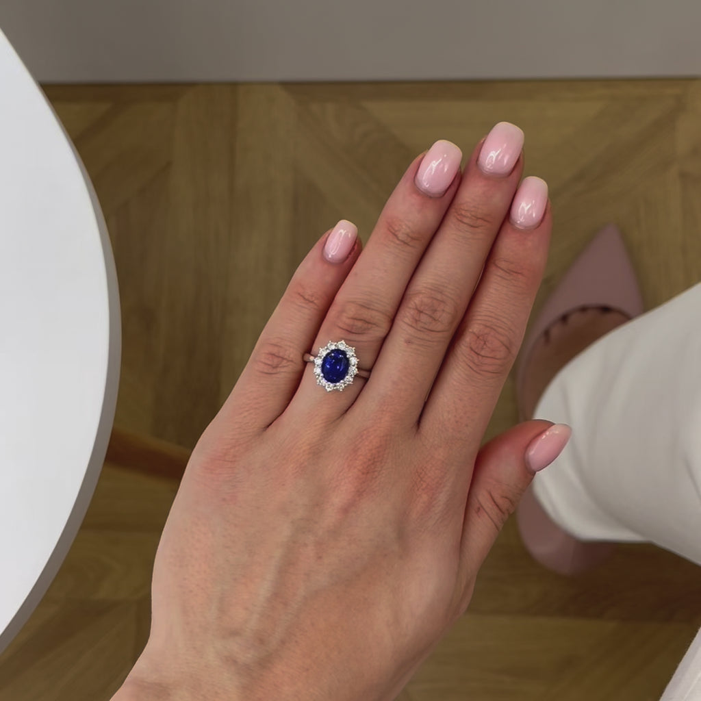 Diana 2.72ct 9x7mm Oval Cut Chatham Blue Sapphire & Lab Diamond 18k White Gold Halo Ring Lily Arkwright 