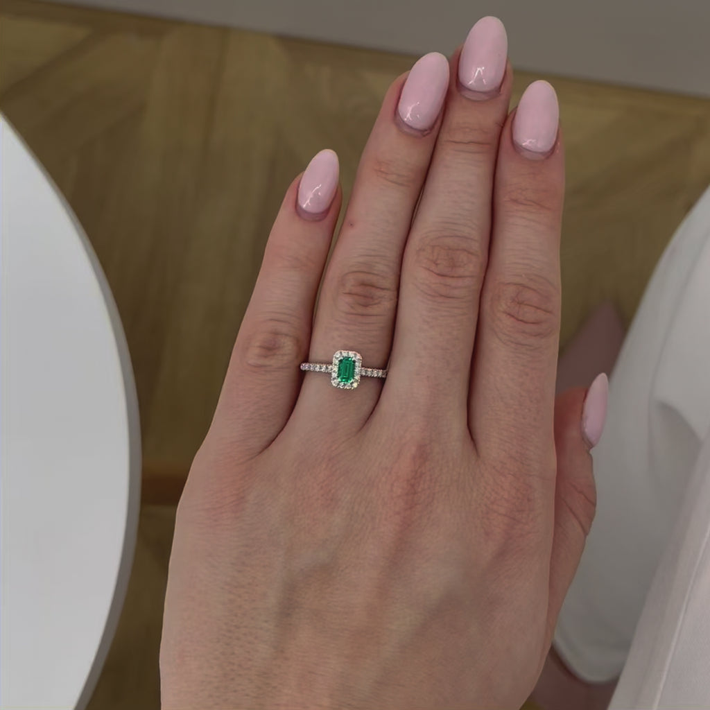 Esme Emerald cut lab grown emerald 0.24ct 5x3 18k white gold halo engagement ring Lily Arkwright Square