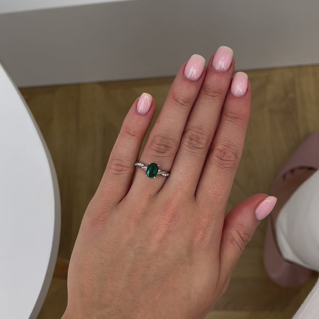 Eden 1.18ct 8x6mm Oval Cut Chatham Emerald & Diamond 18k White Gold Vine Solitaire Ring Lily Arkwright Square Crop 