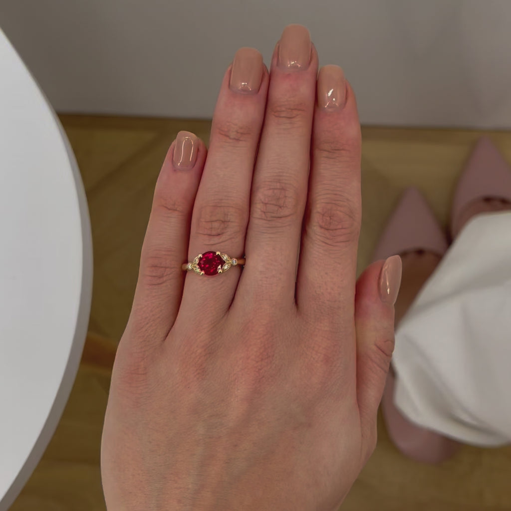 Delilah 2.01ct Round chatham Ruby 18k Yellow Gold Shoulder Set Engagement Ring Lily Arkwright