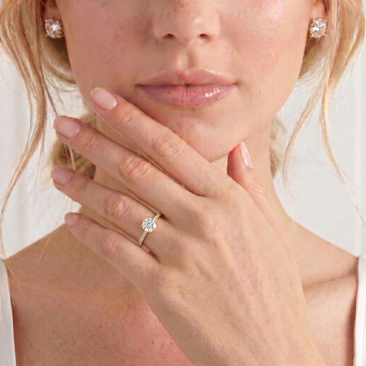 MACY Round Moissanite 18k Rose Gold Petite Pavé Shoulder Set Engagement Ring Lily Arkwright