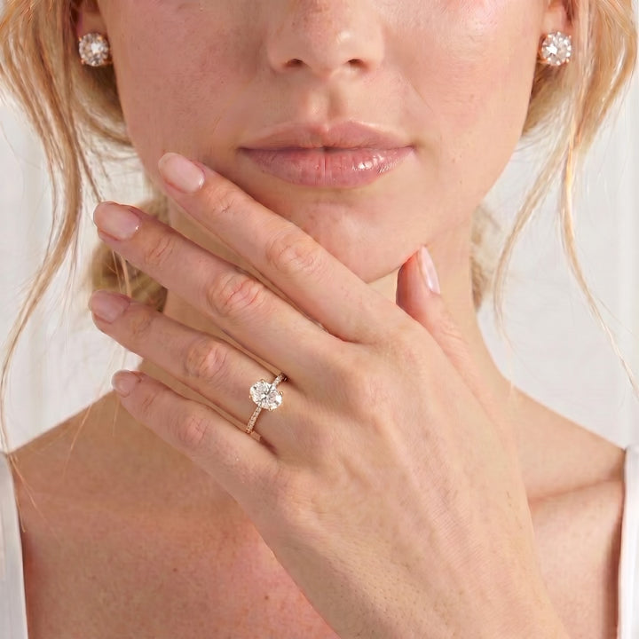MACY Oval Moissanite 18k Rose Gold Petite Pavé Shoulder Set Engagement Ring Lily Arkwright