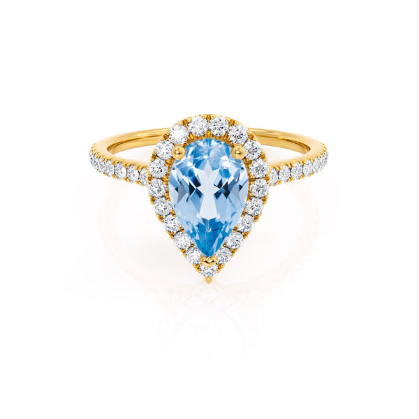 HARLOW - Pear Aqua Spinel & Diamond 18k Yellow Gold Halo Engagement Ring Lily Arkwright
