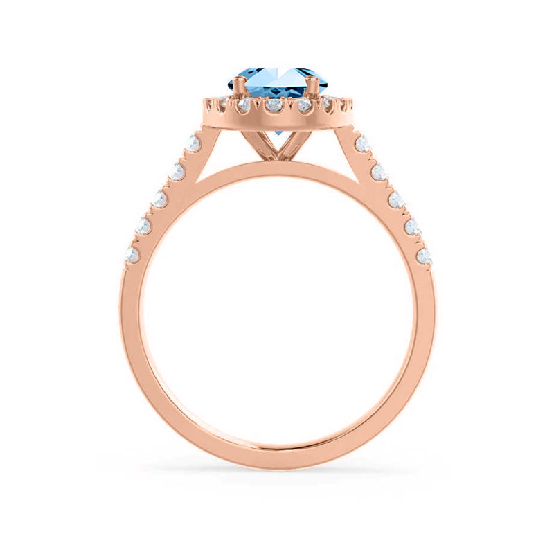 ROSA - Chatham® Aqua Spinel & Diamond 18K Rose Gold Halo Engagement Ring Lily Arkwright