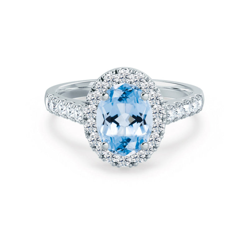 ROSA - Chatham® Aqua Spinel & Diamond 950 Platinum Halo Engagement Ring Lily Arkwright