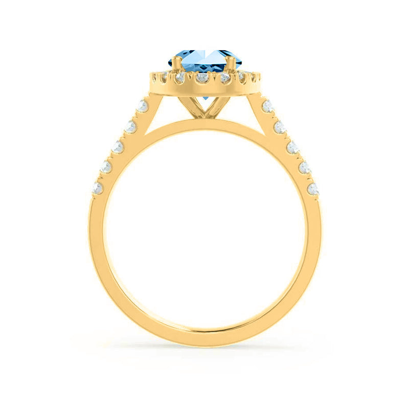 ROSA - Chatham® Aqua Spinel & Diamond 18K Yellow Gold Halo Engagement Ring Lily Arkwright