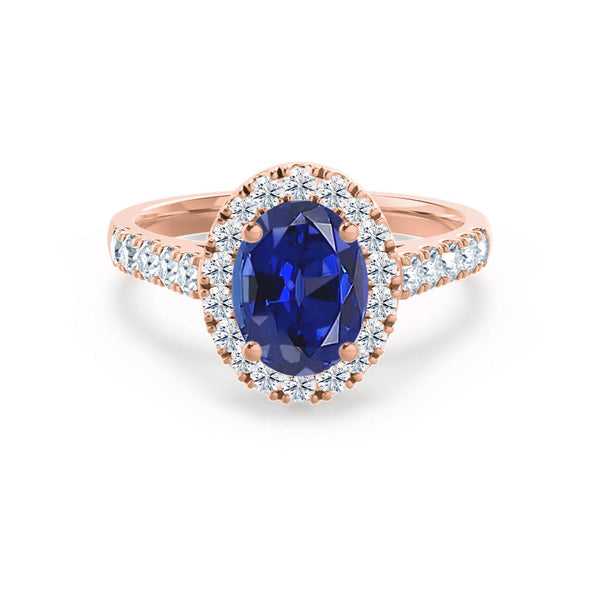 ROSA - Chatham® Blue Sapphire & Diamond 18K Rose Gold Halo Engagement Ring Lily Arkwright