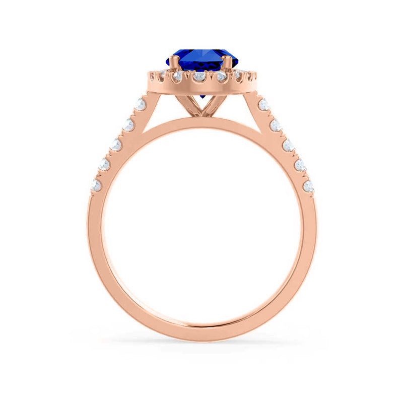 ROSA - Chatham® Blue Sapphire & Diamond 18K Rose Gold Halo Engagement Ring Lily Arkwright