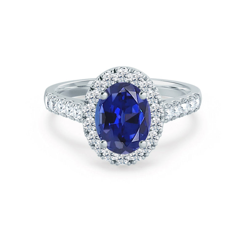 ROSA - Chatham® Blue Sapphire & Diamond 950 Platinum Halo Engagement Ring Lily Arkwright