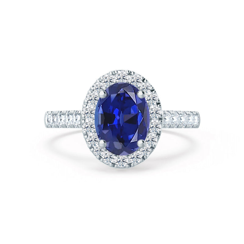 ROSA - Chatham® Blue Sapphire & Diamond 18K White Gold Halo Engagement Ring Lily Arkwright