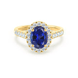 ROSA - Chatham® Blue Sapphire & Diamond 18K Yellow Gold Halo Engagement Ring Lily Arkwright