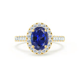 ROSA - Chatham® Blue Sapphire & Diamond 18K Yellow Gold Halo Engagement Ring Lily Arkwright