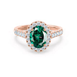 ROSA - Chatham® Emerald & Diamond 18K Rose Gold Halo Engagement Ring Lily Arkwright