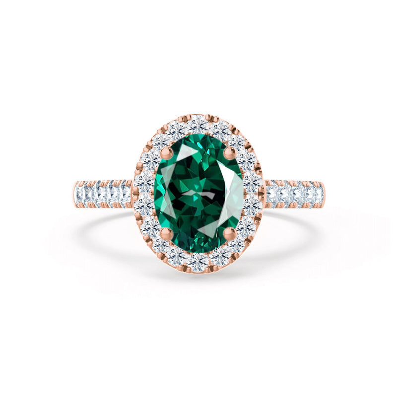 ROSA - Chatham® Emerald & Diamond 18K Rose Gold Halo Engagement Ring Lily Arkwright