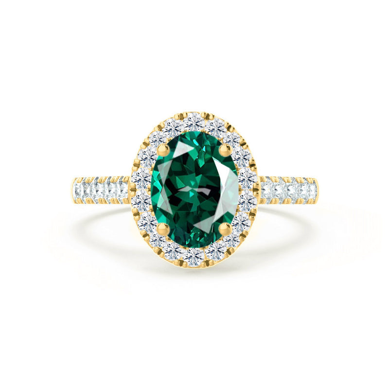 ROSA - Chatham® Emerald & Diamond 18K Yellow Gold Halo Engagement Ring Lily Arkwright
