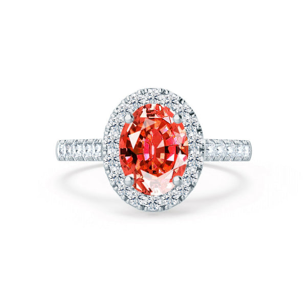 ROSA - Chatham® Padparadscha Sapphire & Diamond 18K White Gold Halo Engagement Ring Lily Arkwright