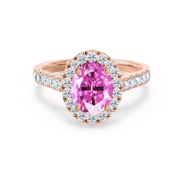 ROSA - Chatham® Pink Sapphire & Diamond 18K Rose Gold Halo Engagement Ring Lily Arkwright