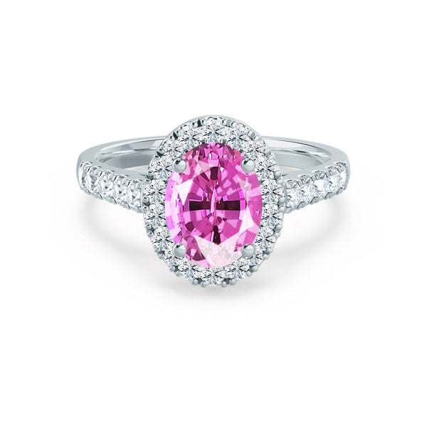 ROSA - Chatham® Pink Sapphire & Diamond 18K White Gold Halo Engagement Ring Lily Arkwright